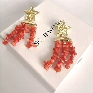 18K Gold Plated Chandelier Earrings | Handmade Real Coral Stone Jewelry